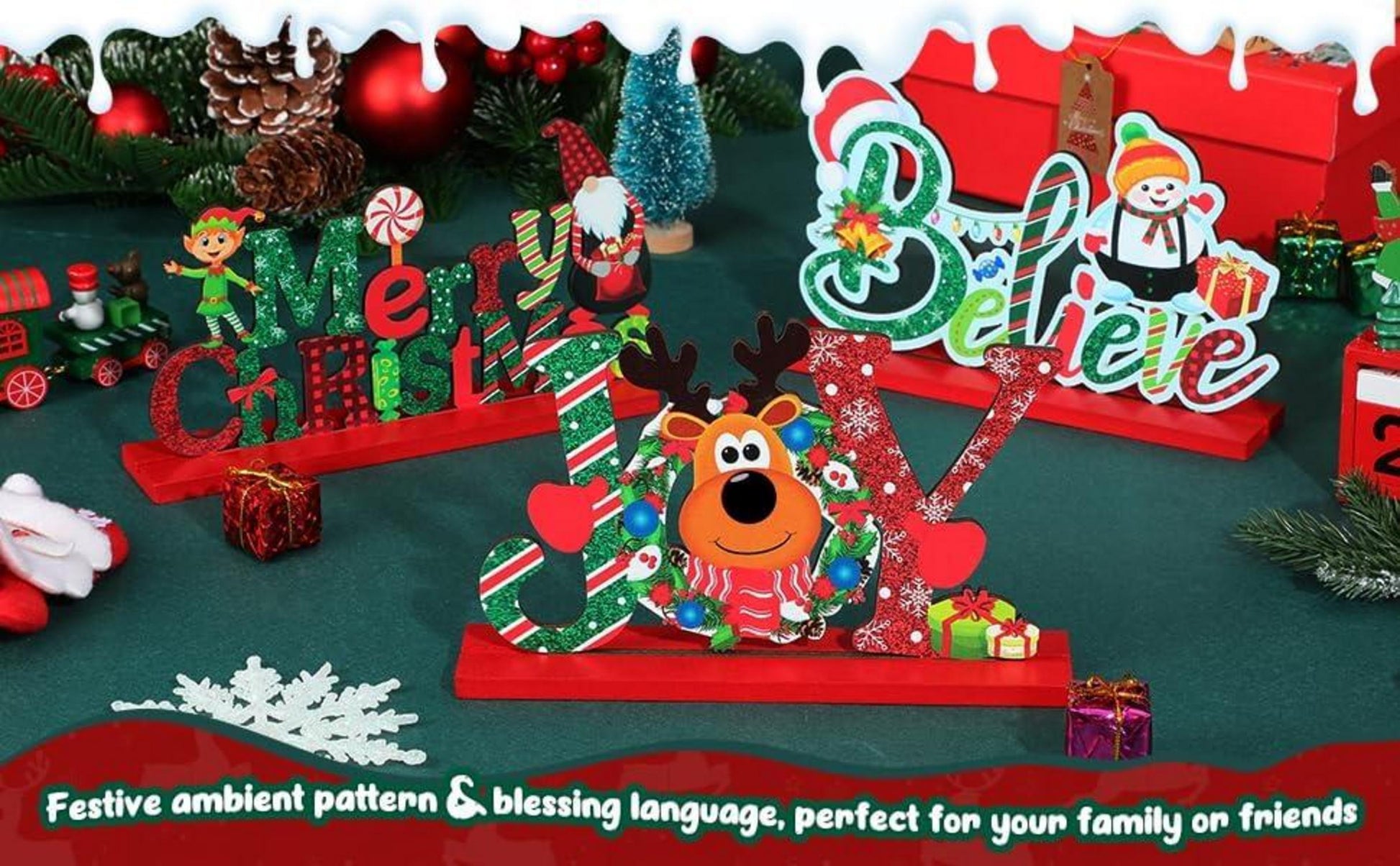 Holz Weihnachts Tischdekoration Schneemann Rentier Merry Christmas Joy Believe