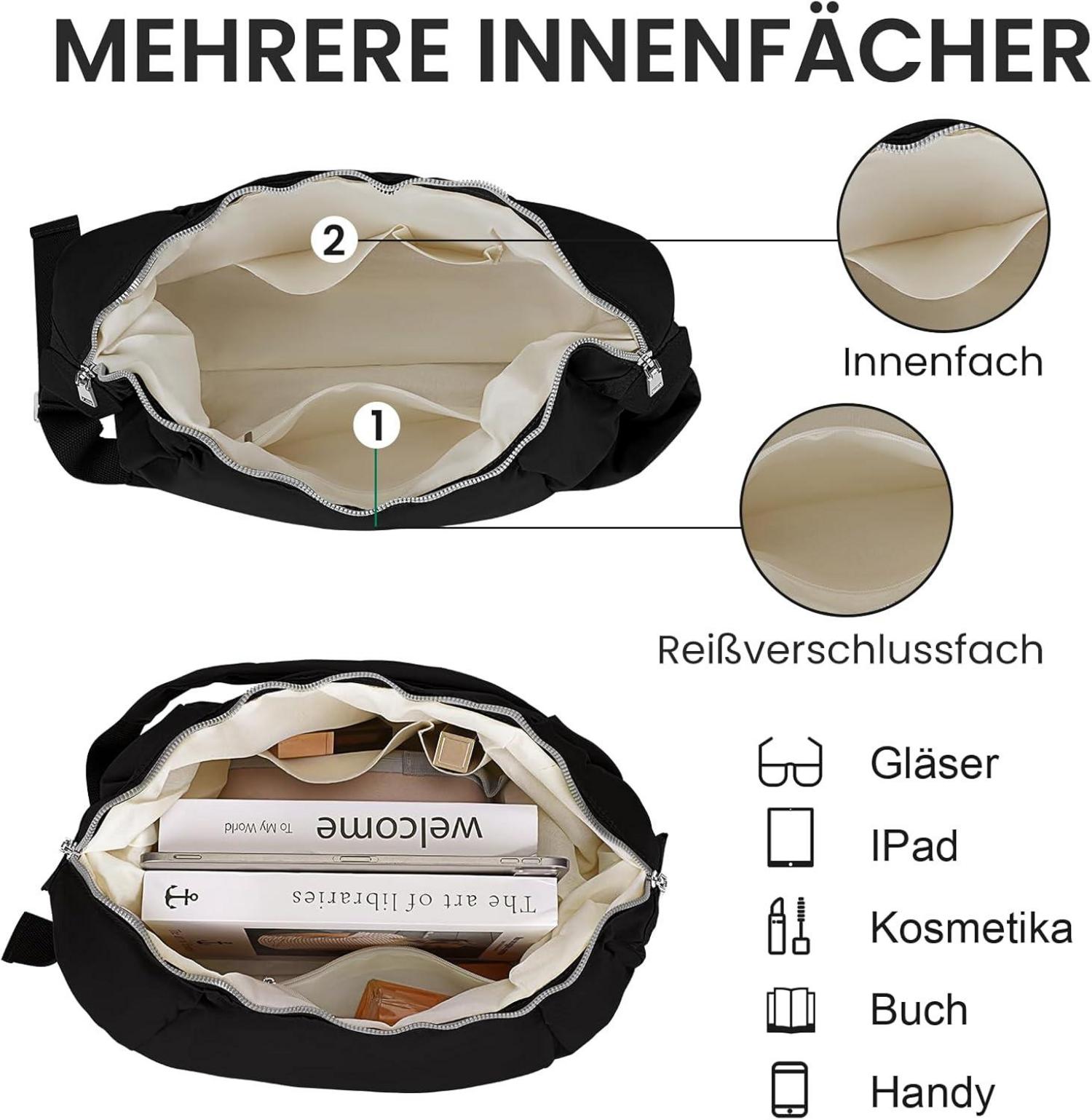 TIAASTAP Umhängetasche Damen Große Kapazität Nylon Schwarz