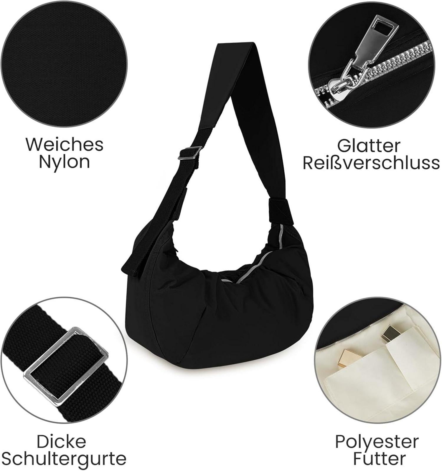 Damen Umhängetasche Große Kapazität Nylon Crossbody Handtasche Schwarz