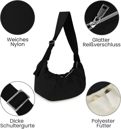 Damen Umhängetasche Große Kapazität Nylon Crossbody Handtasche Schwarz