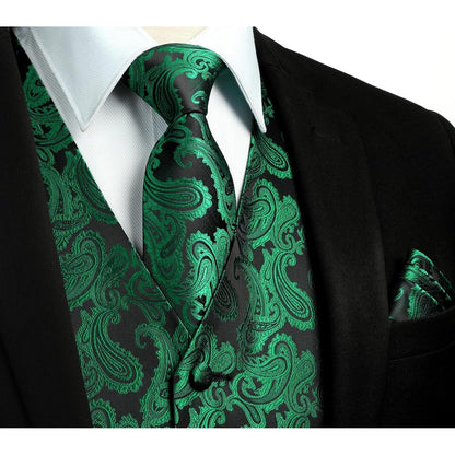 Herren Weste Krawatte Einstecktuch Set Jacquard L Grün