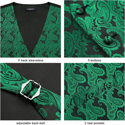 Herren Weste Krawatte Einstecktuch Set Jacquard L Grün