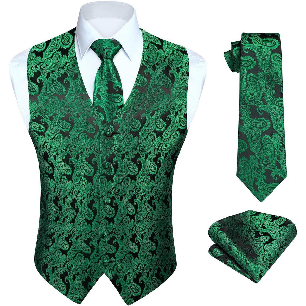 Herren Weste Krawatte Einstecktuch Set Jacquard Grün