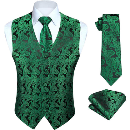Herren Weste Krawatte Einstecktuch Set Jacquard Grün