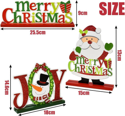 6er Set Weihnachts Tischdekoration Holz Merry Christmas Schneemann Rentier Joy