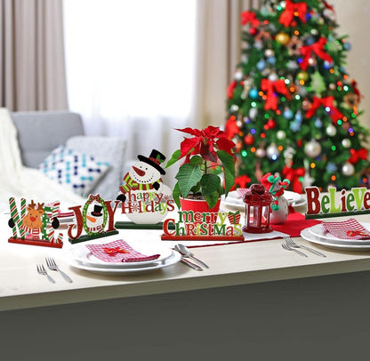 6er Set Weihnachts Tischdekoration Holz Merry Christmas Schneemann Rentier Joy