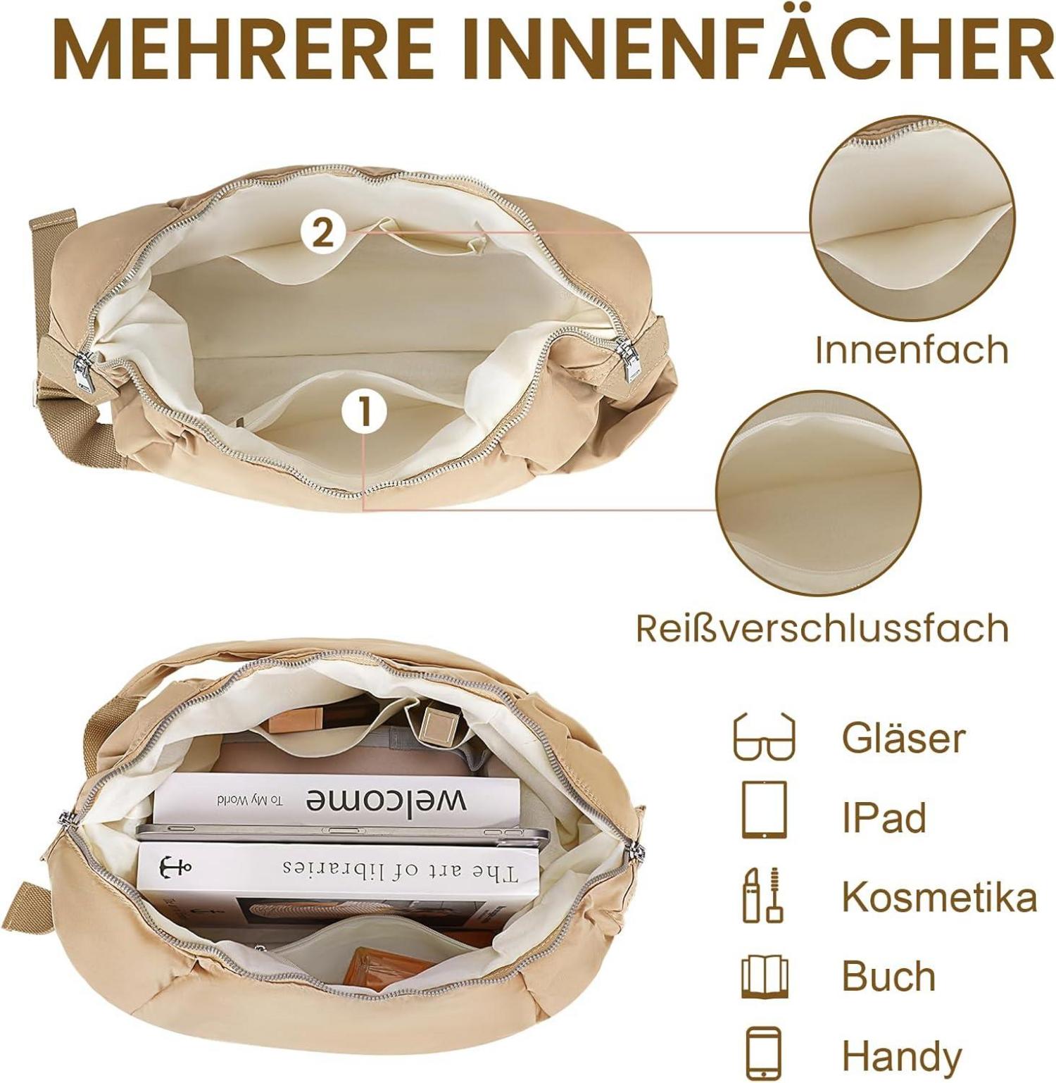 TIAASTAP Umhängetasche Damen Nylon Große Kapazität, Crossbody Bag verstellbarer Schultergurt Hellbraun