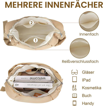 TIAASTAP Umhängetasche Damen Nylon Große Kapazität, Crossbody Bag verstellbarer Schultergurt Hellbraun