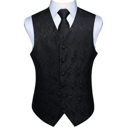 Herren Weste Krawatte Einstecktuch Set Jacquard 3XL Schwarz