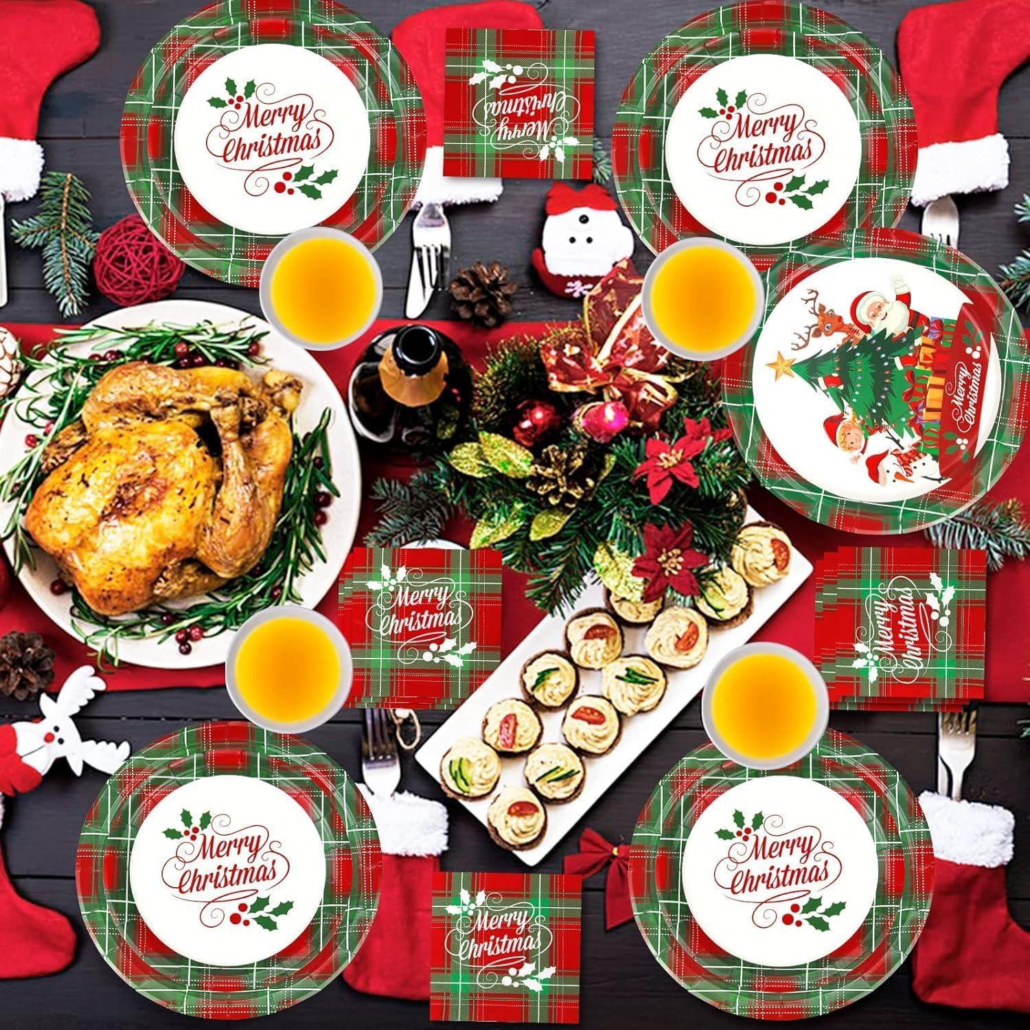 Weihnachtspapier Partygeschirr Set für 24 Gäste - Santa Claus Schneemann Elfen