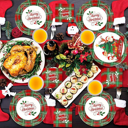 Weihnachtspapier Partygeschirr Set für 24 Gäste - Santa Claus Schneemann Elfen