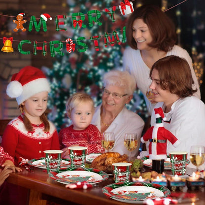 Weihnachtspapier Partygeschirr Set für 24 Gäste - Santa Claus Schneemann Elfen
