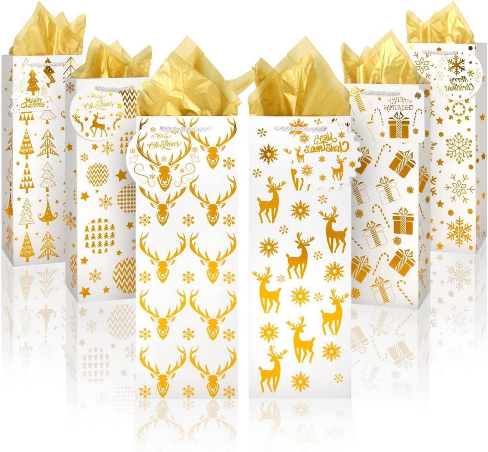 Weihnachts Weinflaschen Taschen Goldfolie Seidenpapier 12 Stück