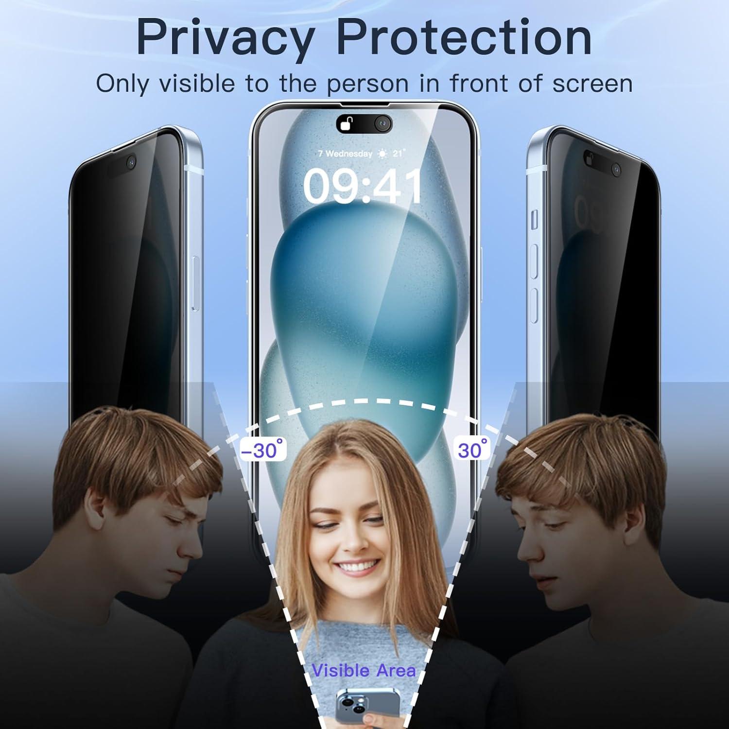 JETech iPhone 15 Plus Panzerschutzglas Anti-Spy Folie Schwarz 2er Set