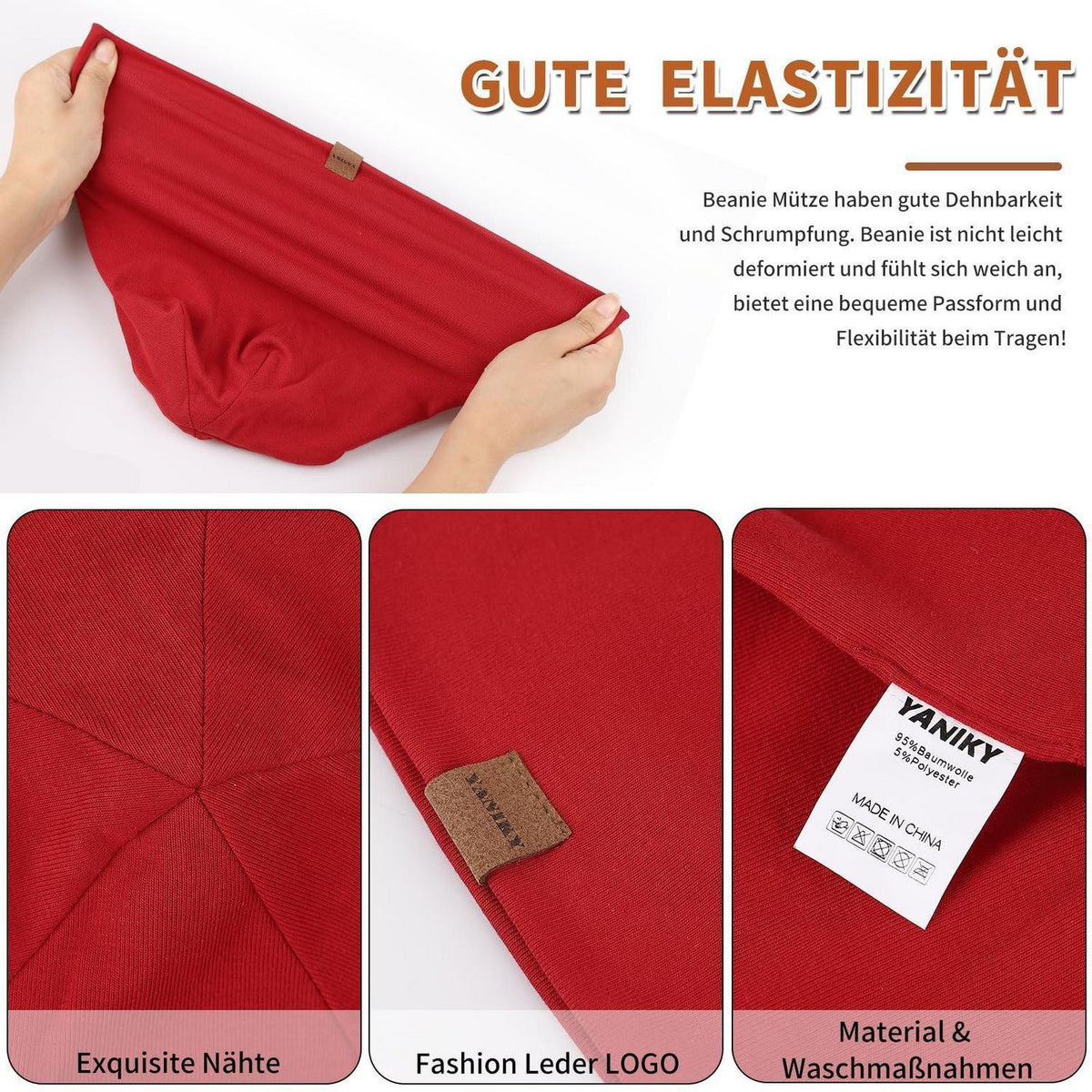 Slouch Beanie Mütze Baumwolle für Damen und Herren, dünn und leicht, rot