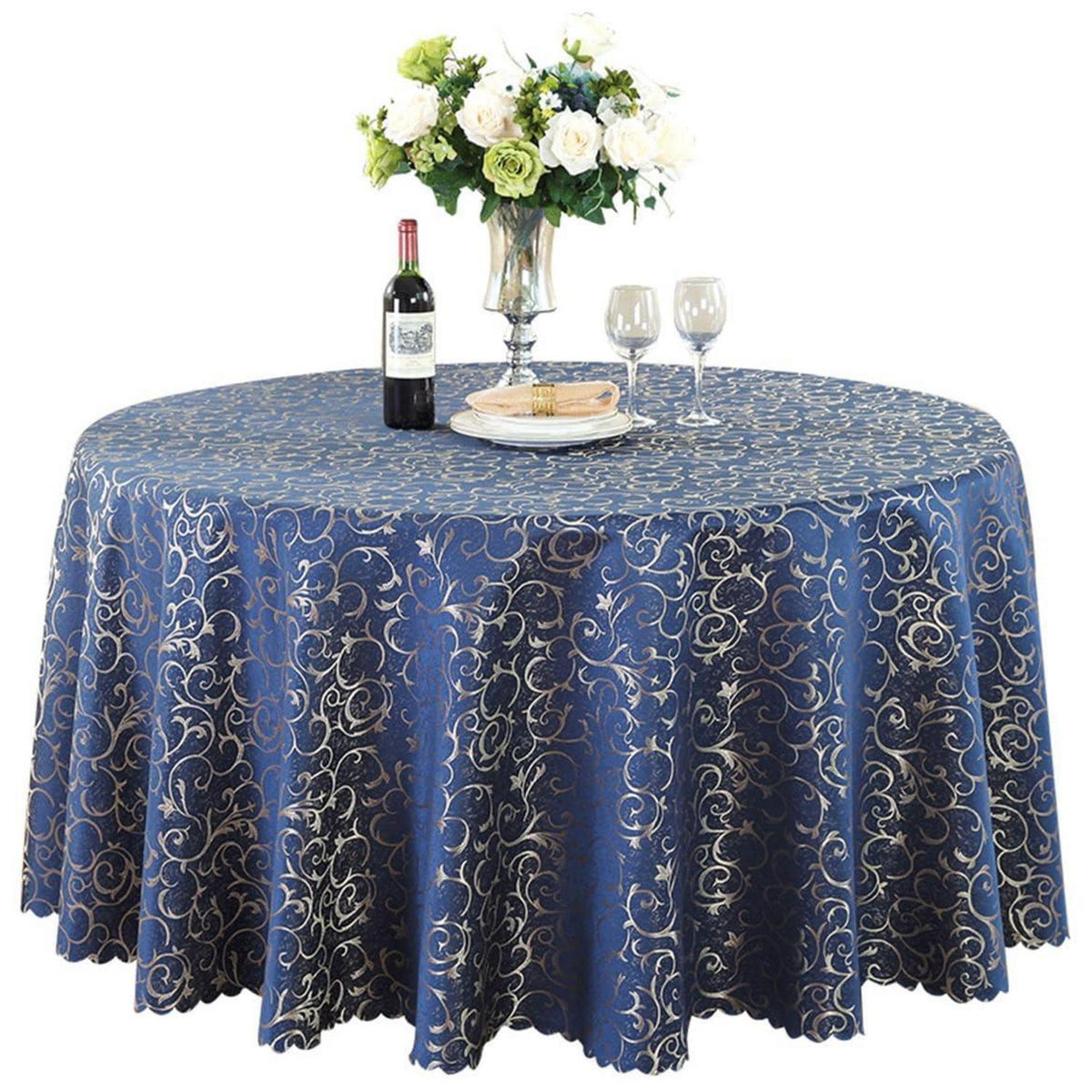 Runde Jacquard Tischdecke Marineblau 340 cm – Elegant & Pflegeleicht