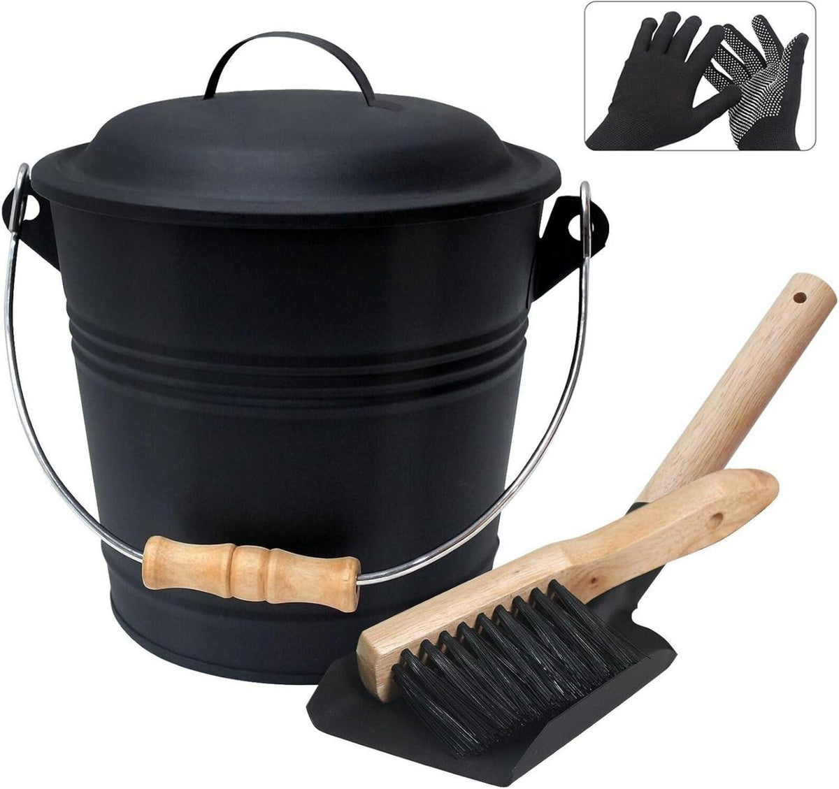 Feuerfester Ascheeimer mit Zubehör für Kamin Schwarz 5L