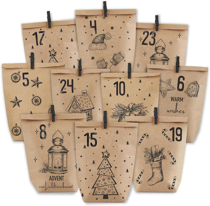 Adventskalender zum Befüllen 24 Weihnachtstüten Kraftpapier Schwarz