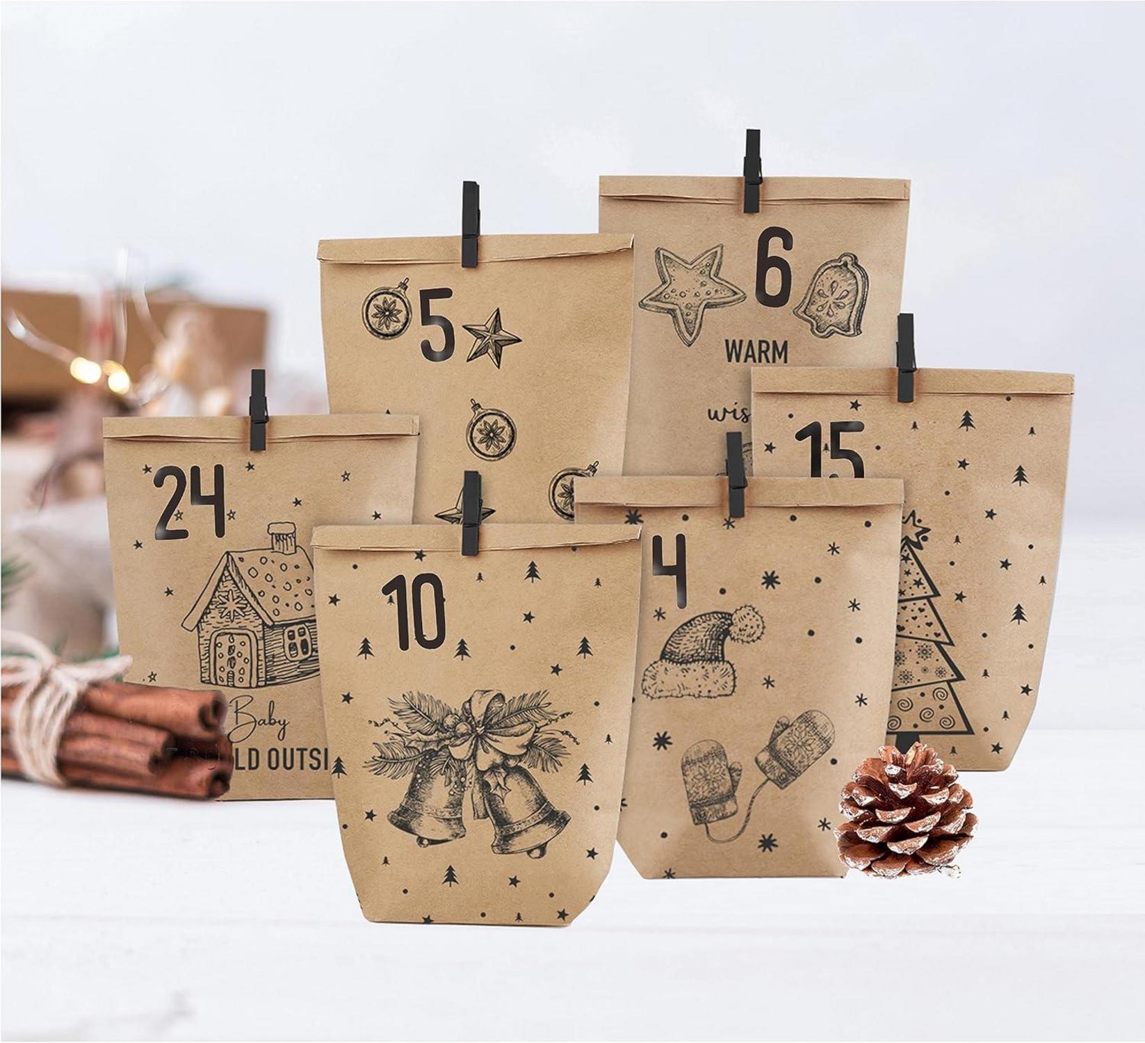 Adventskalender zum Befüllen 24 Kraftpapiertüten Weihnachtskalender Schwarzbraun