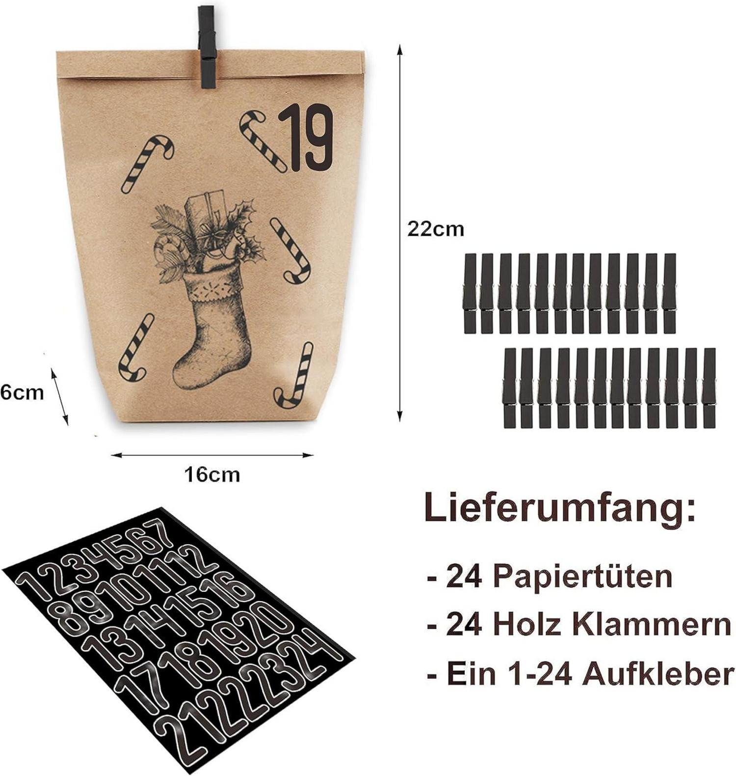 Adventskalender Kraftpapier zum Selbstbefüllen 24 Weihnachtstüten für