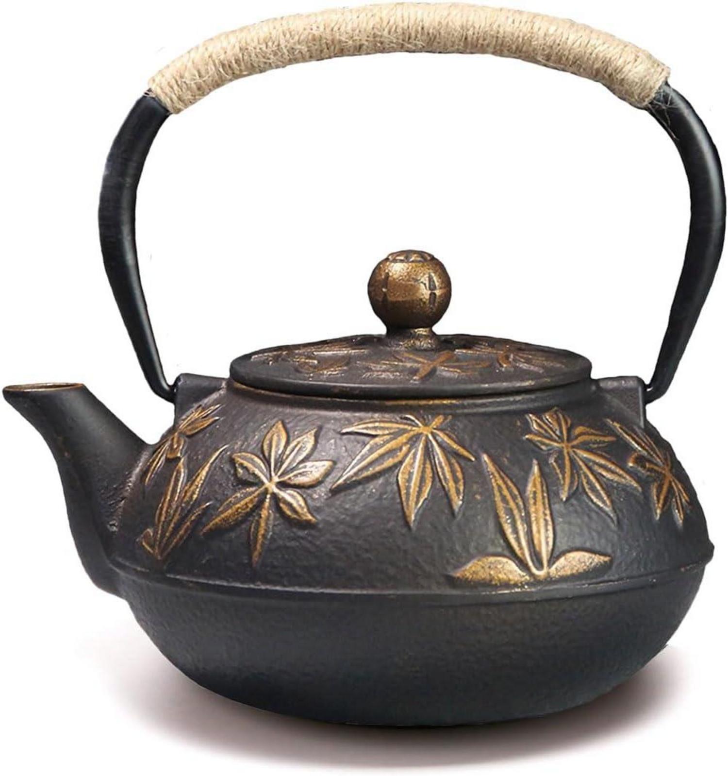 Gusseisen Teekanne 800ml Asiatischer Teekessel Gold Ahornblätter
