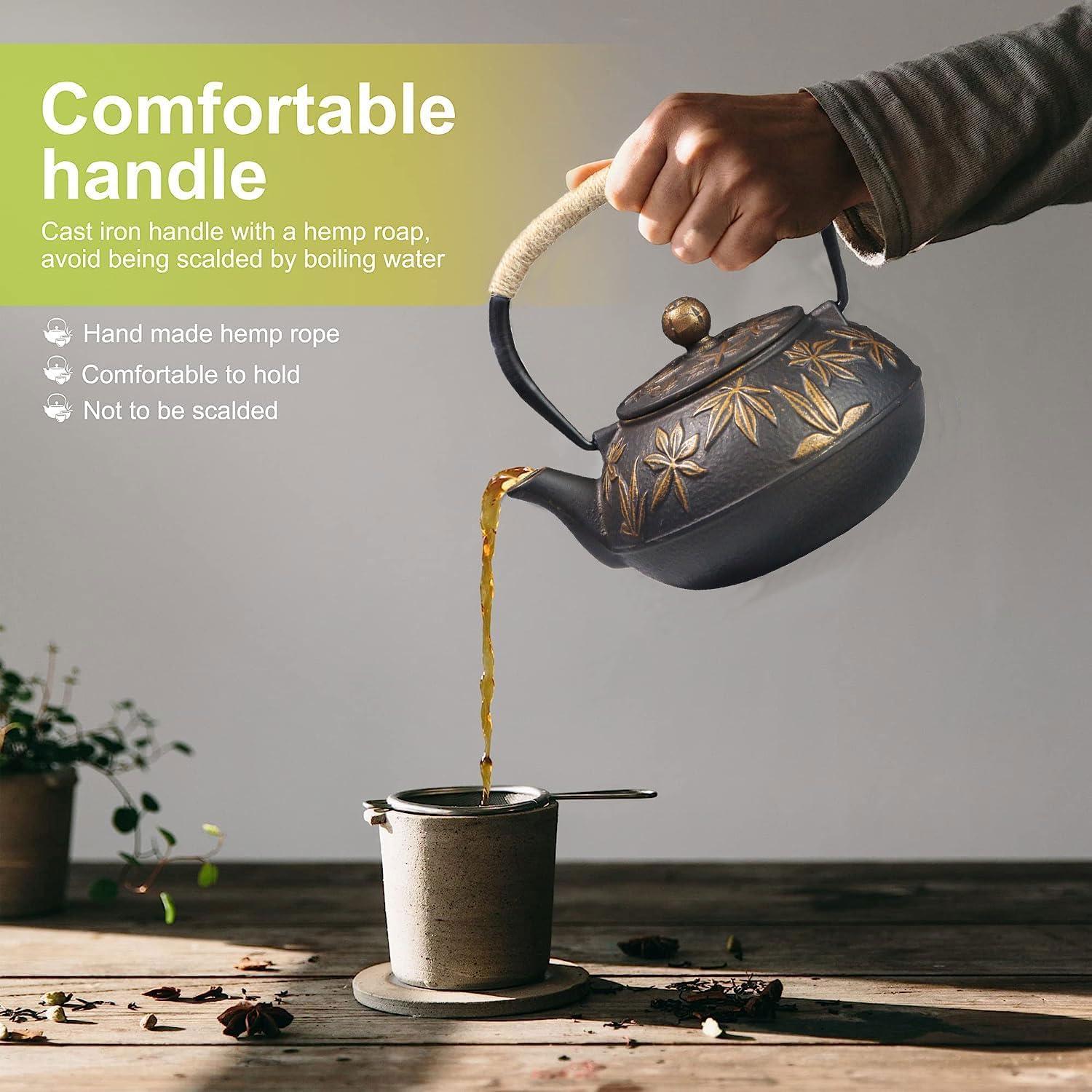 Gusseisen Teekanne 800ml Asiatischer Teekessel Gold Ahornblätter