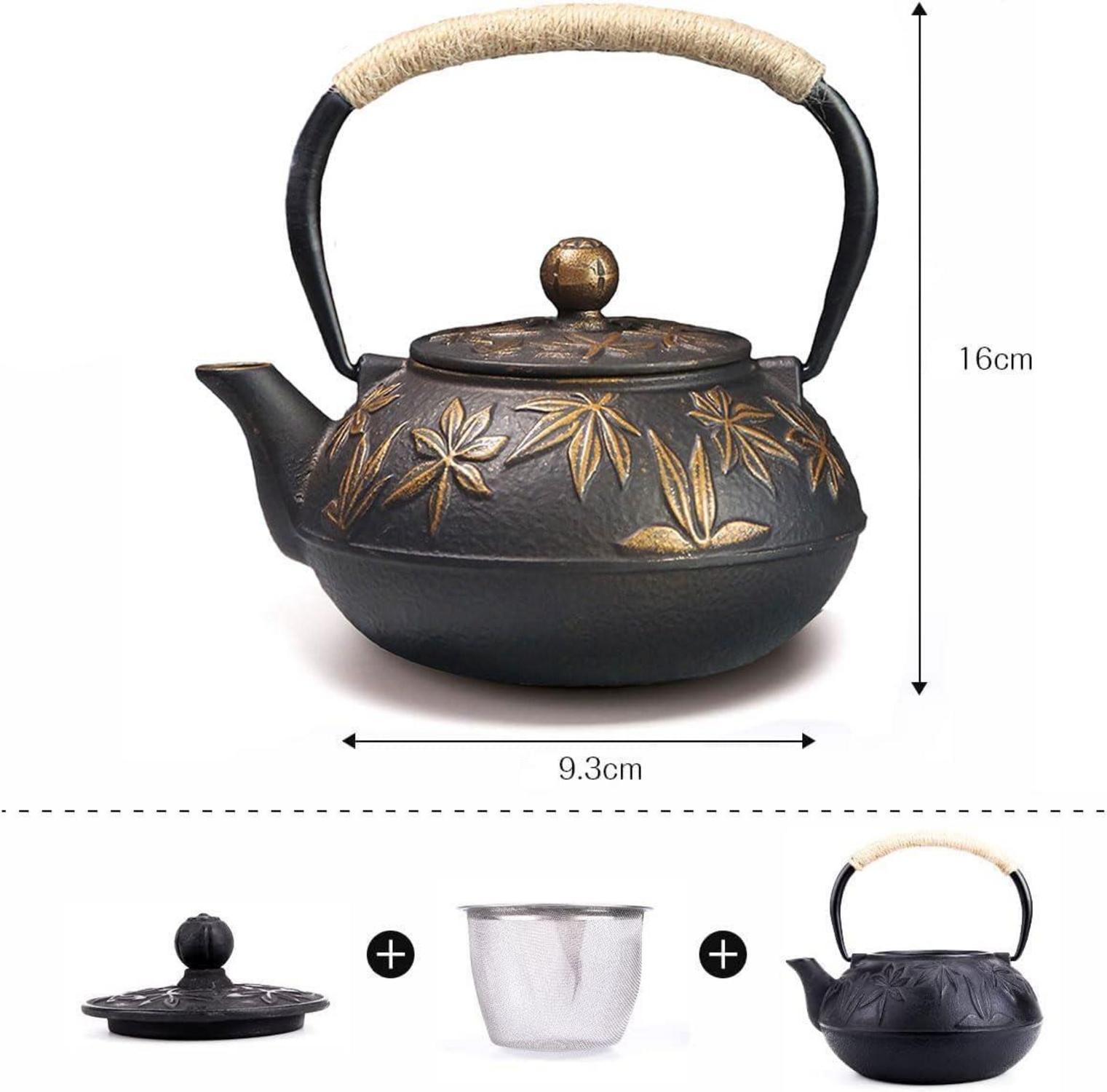 Teekanne Gusseisen 800ml Asiatische Teekessel Gold Ahornblätter