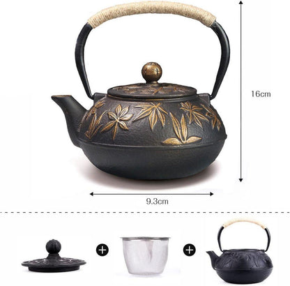 Teekanne Gusseisen 800ml Asiatische Teekessel Gold Ahornblätter