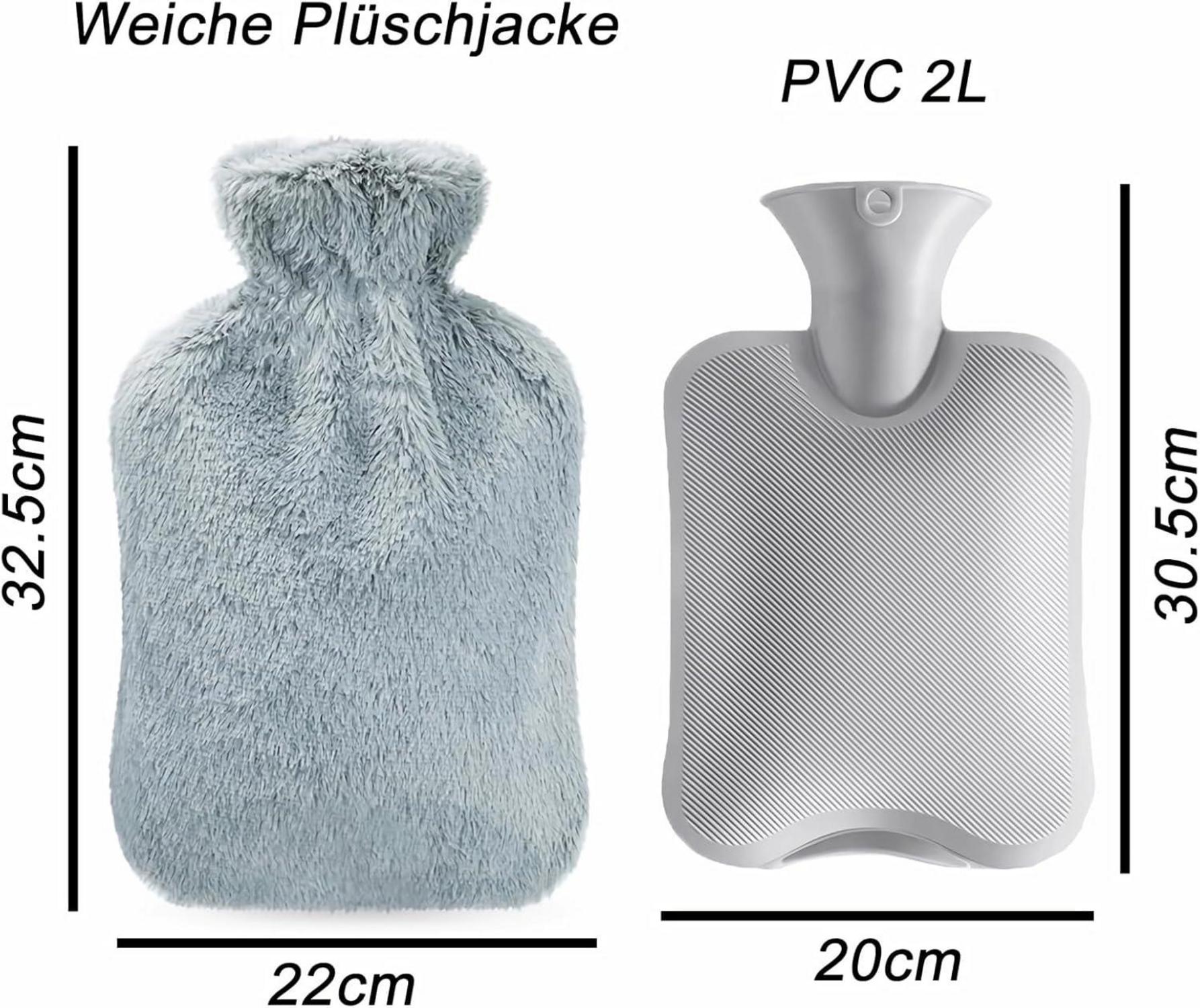 Wärmflasche 2L mit Weichem Bezug PVC Grau für Frauen und Erwachsene