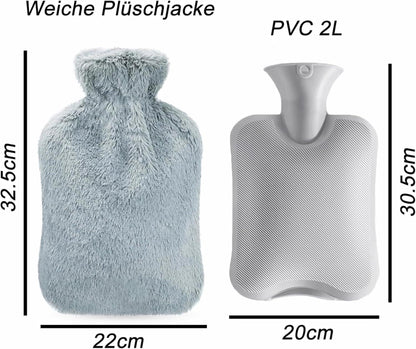Wärmflasche 2L mit Weichem Bezug PVC Grau für Frauen und Erwachsene
