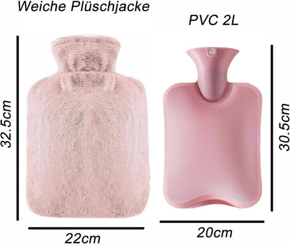 Wärmflasche 2L mit Weichem Bezug PVC Flauschig Rosa für Frauen