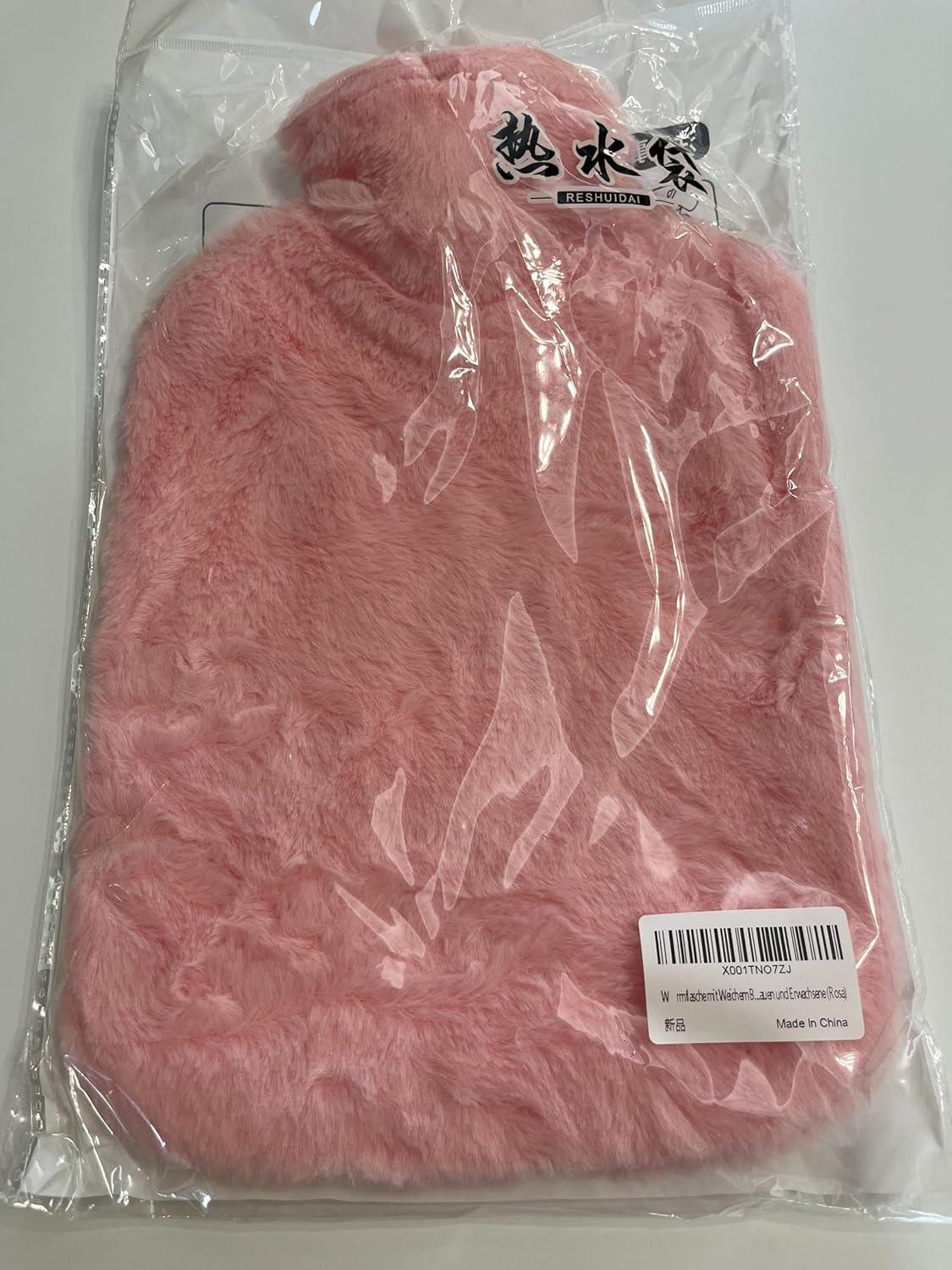 Wärmflasche mit Weichem Bezug 2L PVC Rosa Flauschig Schmerzlindernd für Frauen und Erwachsene