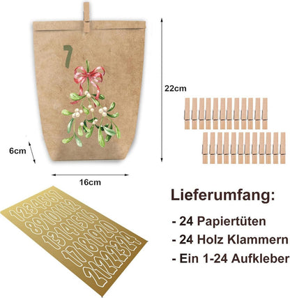 Adventskalender zum selbst Befüllen 24 Papier Tüten Aquarell