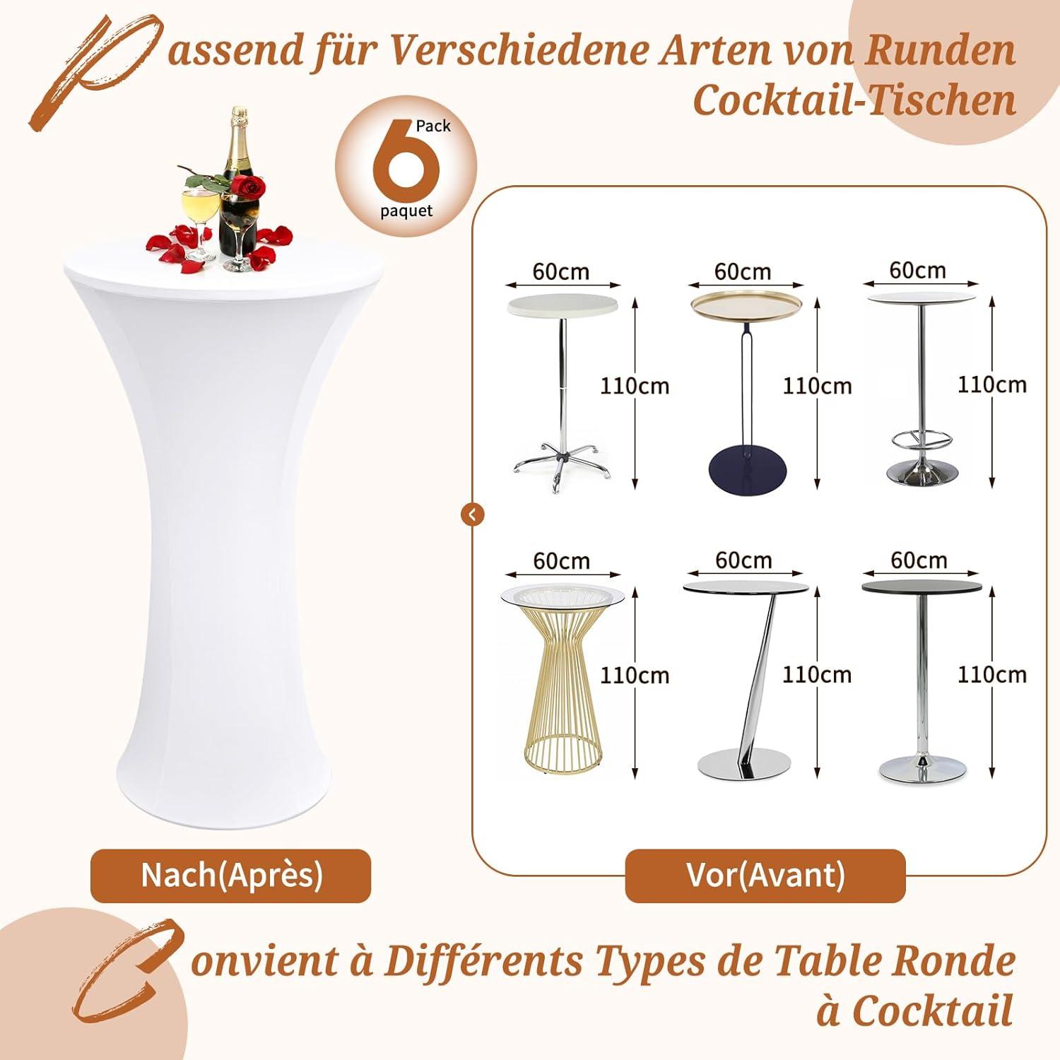 6er-Set Weiß Stretch Stehtisch Husse Bistrotisch Ø 60-65 cm