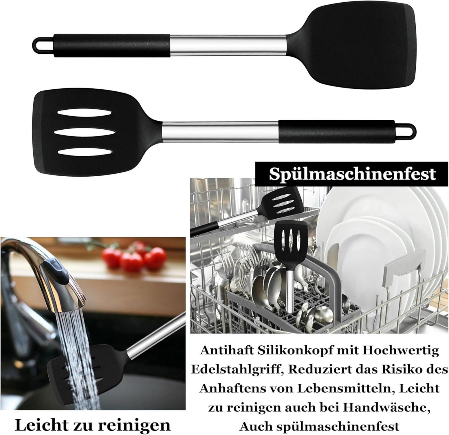Homikit Silikon Pfannenwender Set Edelstahlgriff 2er Schwarz