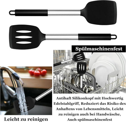 Homikit Silikon Pfannenwender Set Edelstahlgriff 2er Schwarz