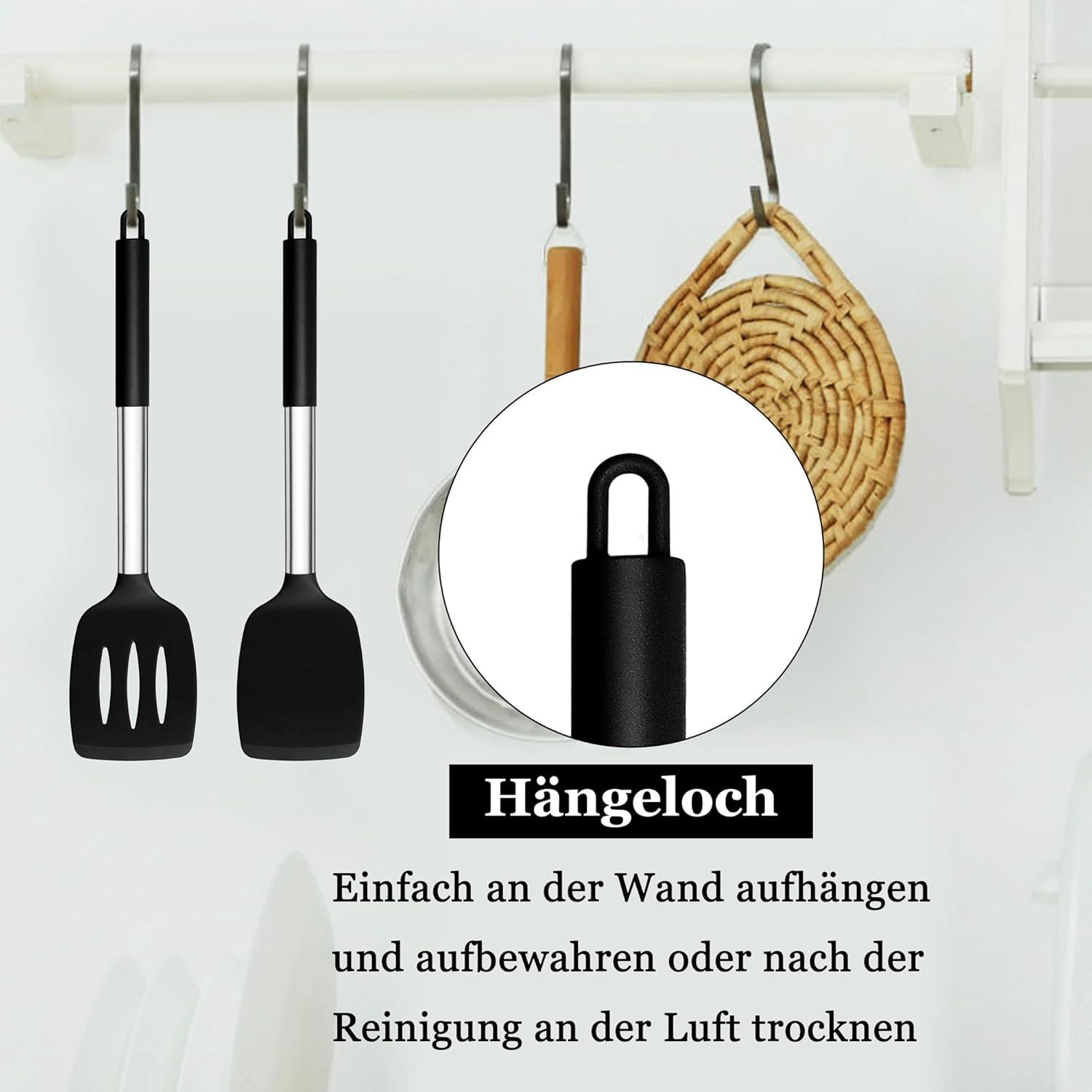 Homikit Silikon Pfannenwender Set Schwarz Edelstahlgriff 2er Pack