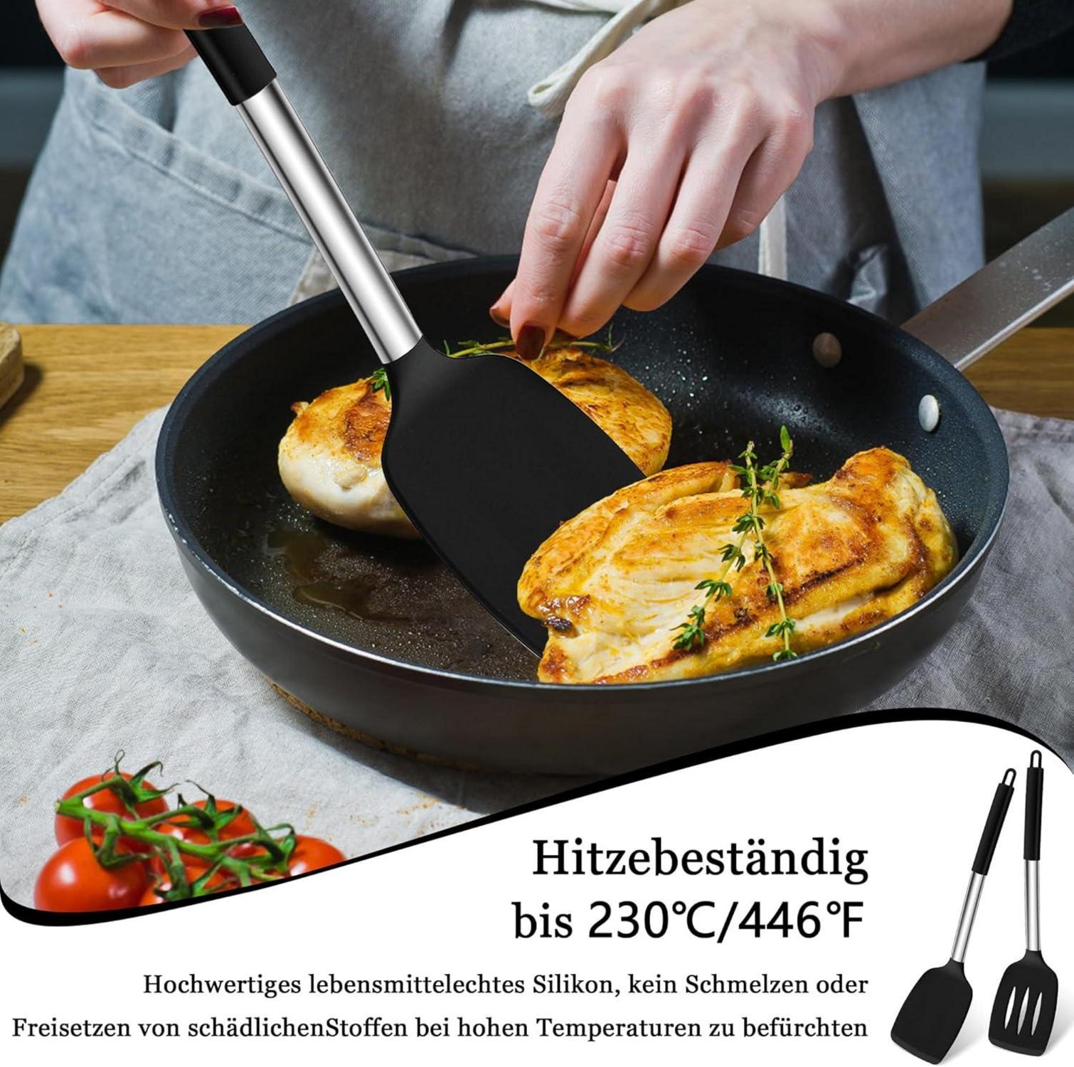 Pfannenwender Silikon Edelstahlgriff Hitzebeständig Schwarz 2er Set