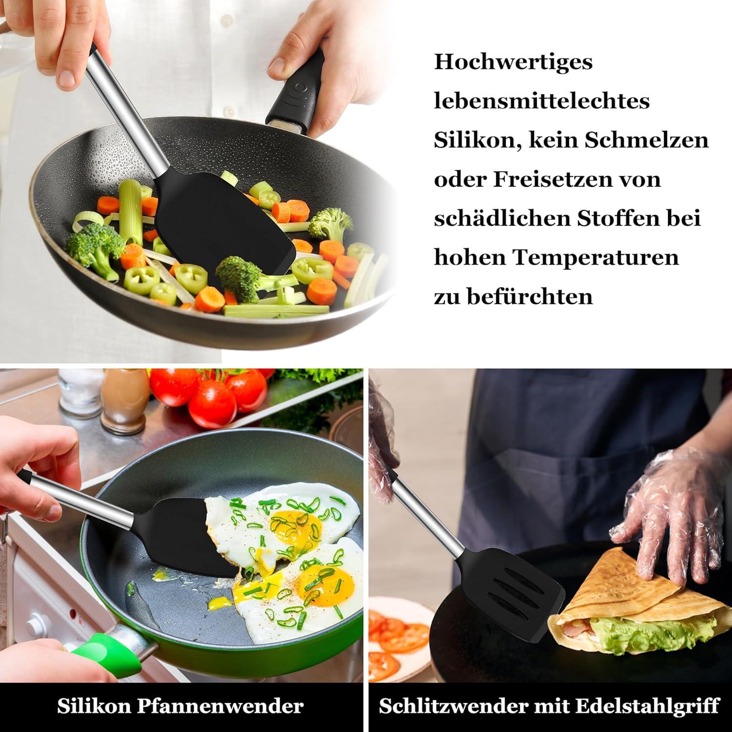 Homikit Silikon Pfannenwender Set Schwarz Edelstahlgriff 2er Pack