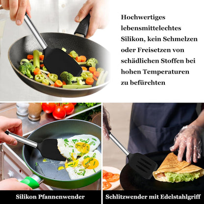 Homikit Silikon Pfannenwender Set Schwarz Edelstahlgriff 2er Pack