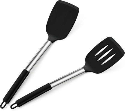 Homikit Silikon Pfannenwender Set Edelstahlgriff 2er Schwarz