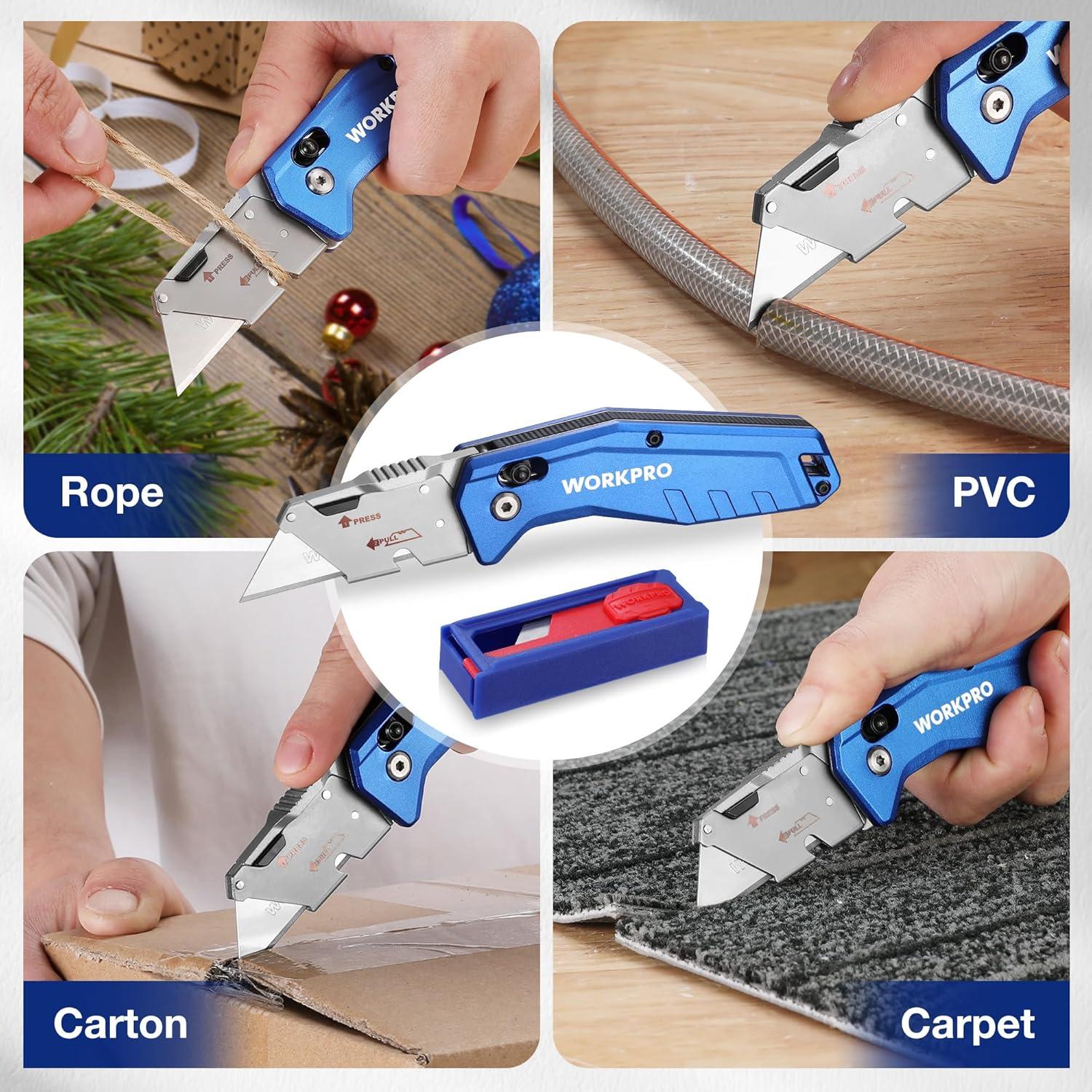 WORKPRO Aluminium Klappmesser mit 10 Ersatzklingen und Slip Lock