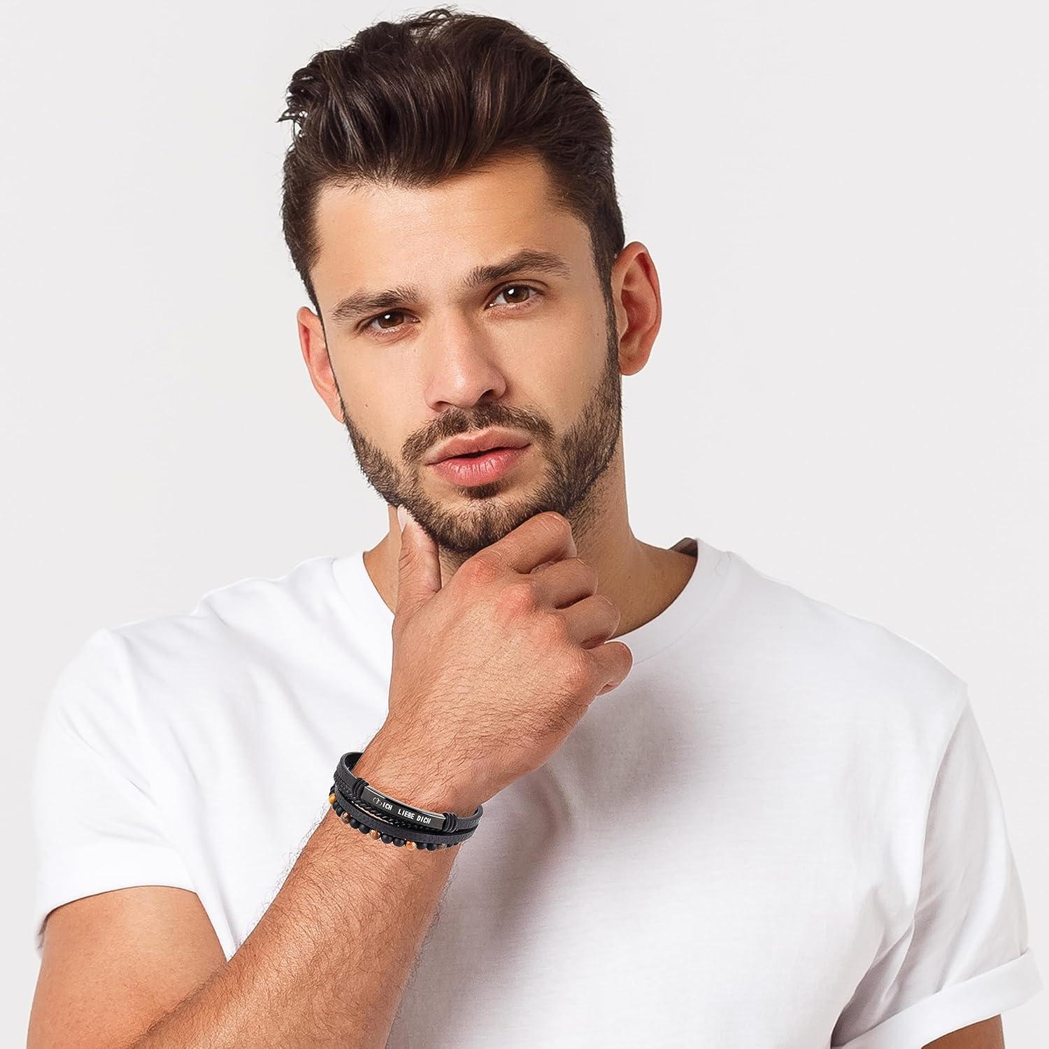 Merclix Schwarzes Lederarmband Herren Geschenk Weihnachten Valentinstag Vatertag