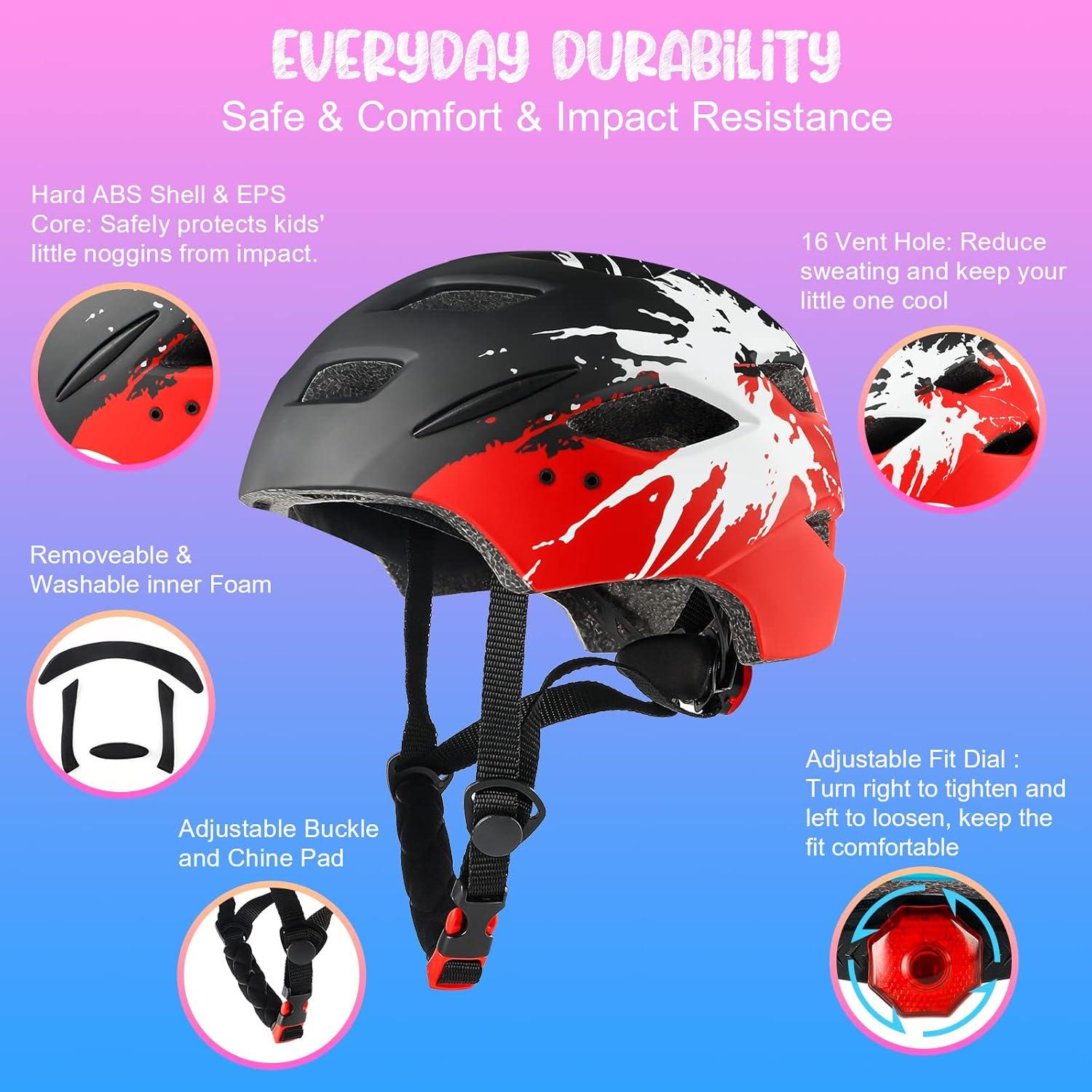 Fahrradhelm Kinder mit Licht und Rücklicht 48-56cm Schwarz-Rot