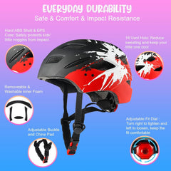 Fahrradhelm Kinder mit Licht und Rücklicht 48-56cm Schwarz-Rot