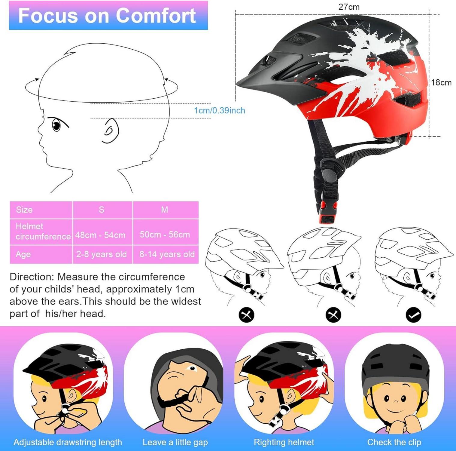 Kinder Fahrradhelm mit Licht und Rücklicht, 48-56CM, Schwarz Rot