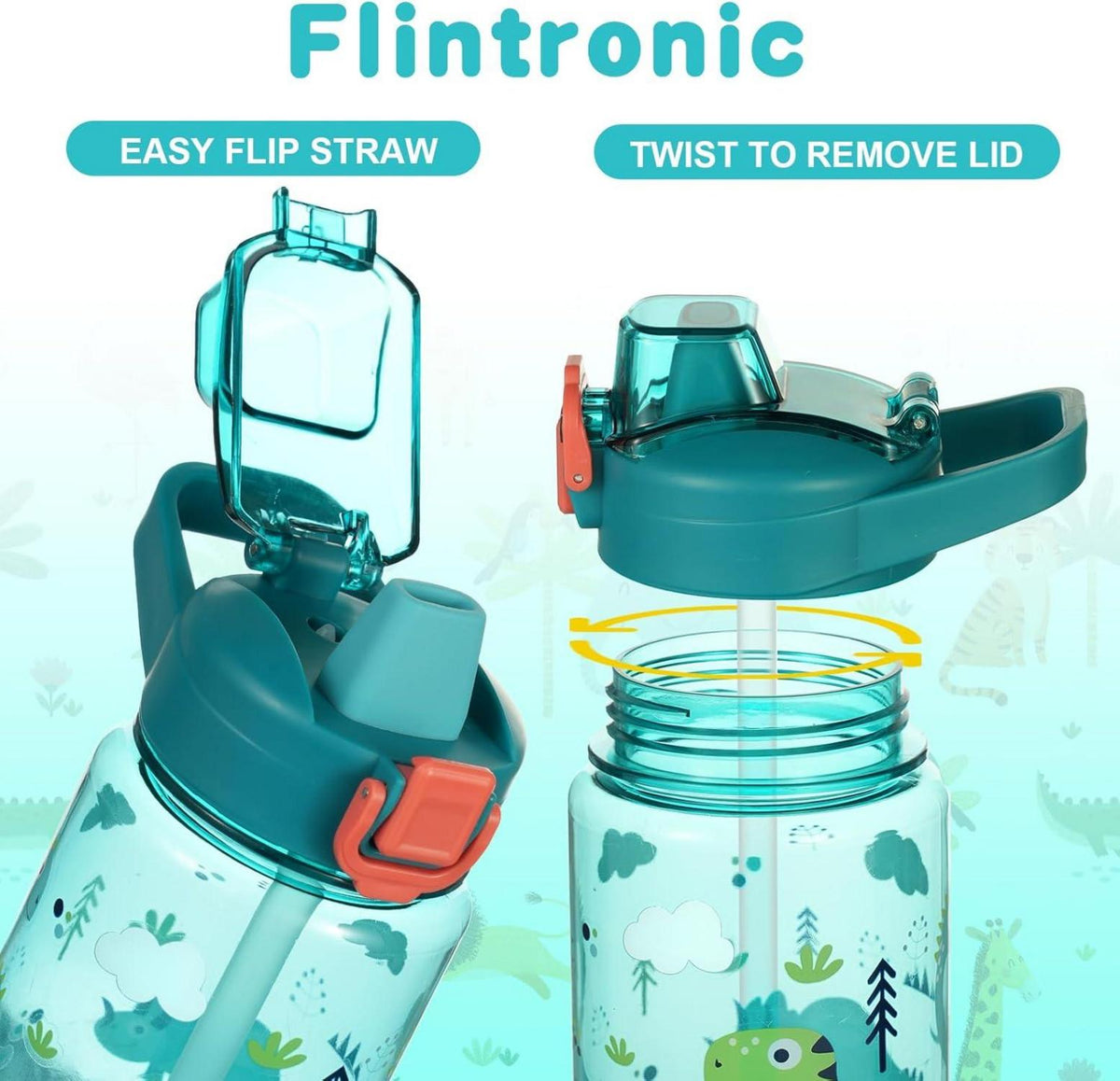 Flintronic 600ml Kinder Trinkflasche mit Strohhalm BPA-frei Auslaufsicher Blau Dinosaurier