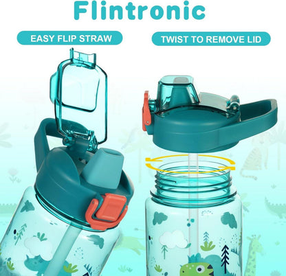 Flintronic 600ml Kinder Trinkflasche mit Strohhalm BPA-frei Auslaufsicher Blau Dinosaurier