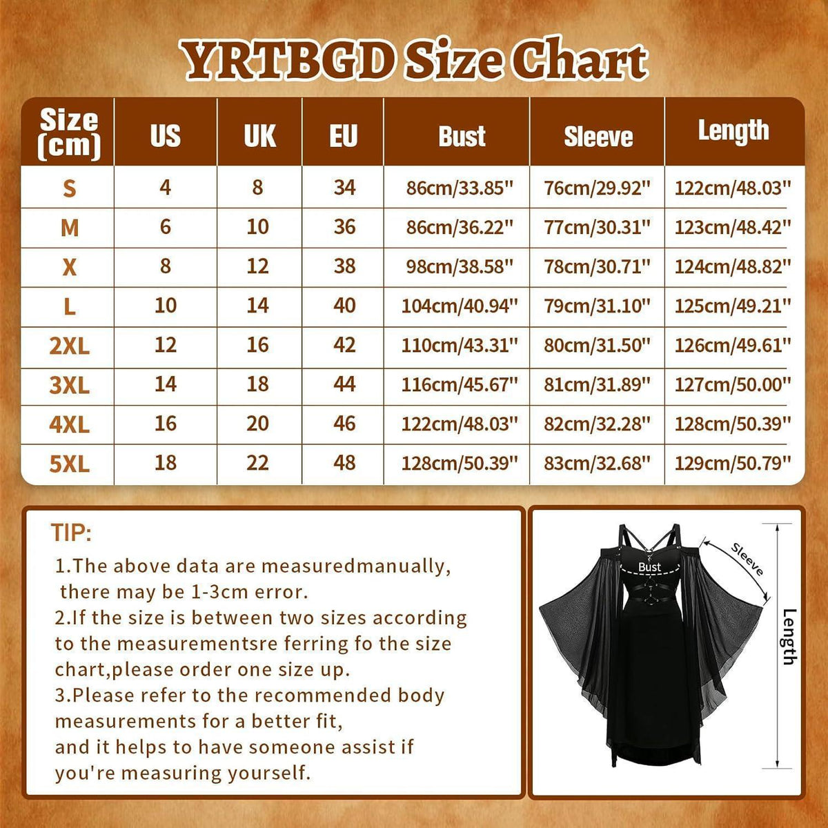 Gothic Kleid Damen Vintage Mittelalterlich mit Trompetenärmeln