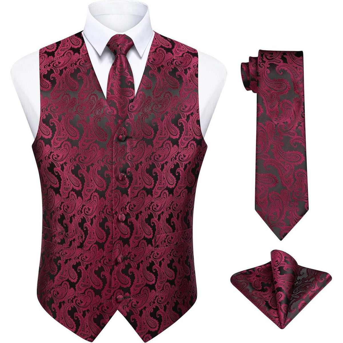 Herren Weste Krawatte Einstecktuch Set Bordeaux Rot Paisley Jacquard
